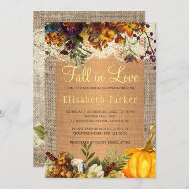 Fall in Love rustic floral burlap bridal shower Invitations