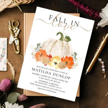 Fall in Love Rustic Glitter Pumpkin Bridal Shower Invitations