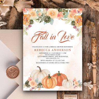 Fall in Love Rustic Pumpkin Floral Bridal Shower Invitations