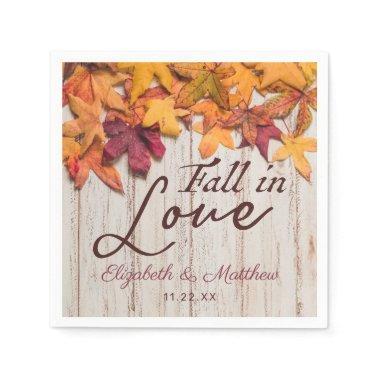 Fall in Love Rustic Wood Autumn Leaves Wedding Napkins