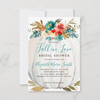 Fall in Love Teal Floral Pumpkin Bridal Shower Note Invitations