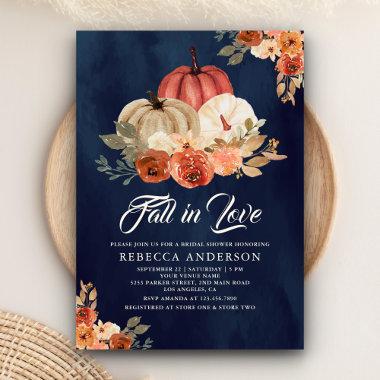 Fall in Love Terracotta Pumpkin Navy Bridal Shower Invitations