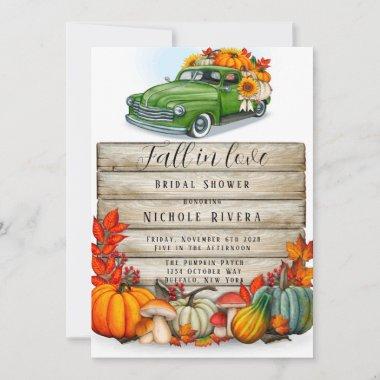 Fall In Love Vintage Truck Pumpkin Bridal Shower Invitations