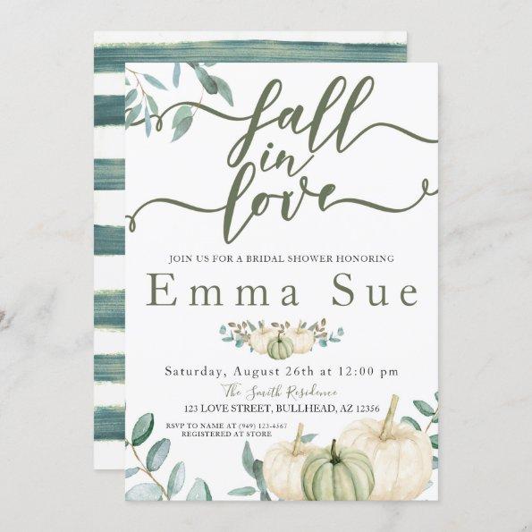 Fall In Love Watercolor Pumpkins Bridal Shower Invitations