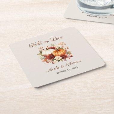 Fall in Love Wedding Coasters, Fall in Love Bridal Square Paper Coaster