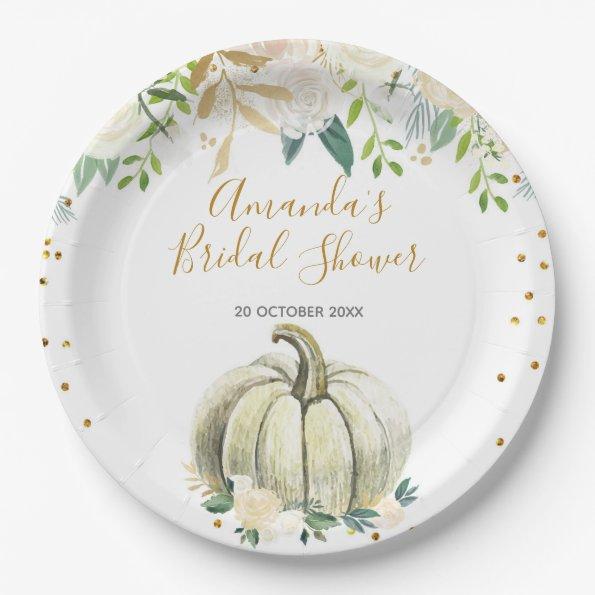 Fall in Love White and Gold Pumpkin Floral Paper Plates