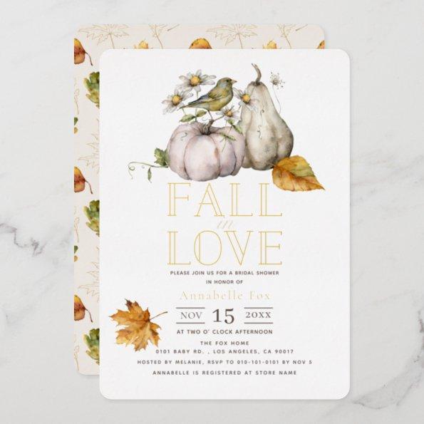 Fall in Love White Pumpkin Bird Bridal Shower Foil Invitations