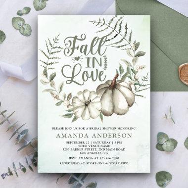 Fall in Love White Pumpkin Sage Bridal Shower Invitations