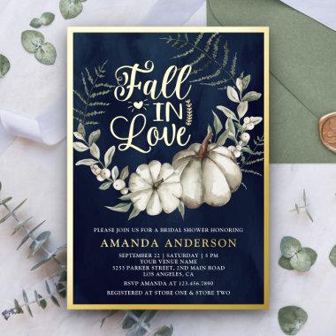 Fall in Love White Pumpkin Sage Navy Bridal Shower Foil Invitations