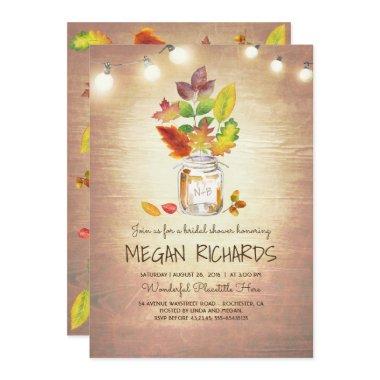 Fall Leaves Mason Jar Rustic Country Bridal Shower Invitations