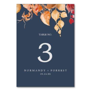 Fall Leaves | Navy Blue & Burgundy Table Number