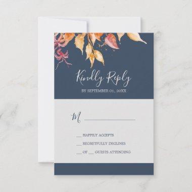 Fall Leaves | Navy Blue Simple RSVP Card