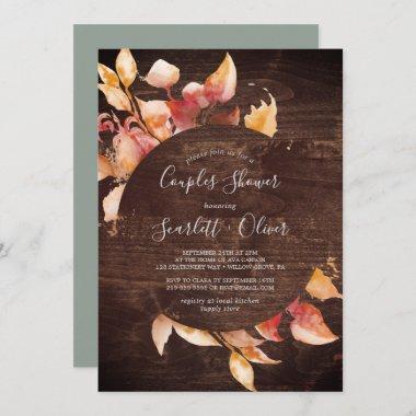 Fall Leaves | Rustic Brown Wood Couples Shower Invitations