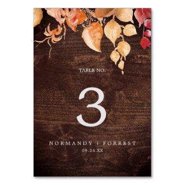 Fall Leaves | Rustic Brown Wood Table Number