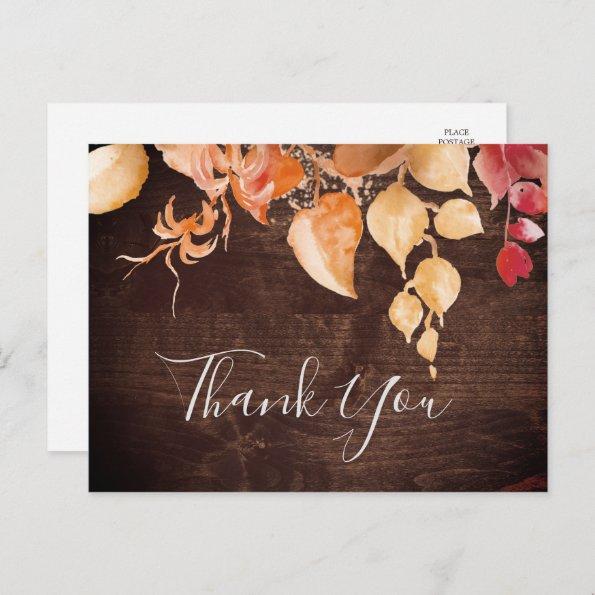 Fall Leaves | Rustic Brown Wood Thank You PostInvitations