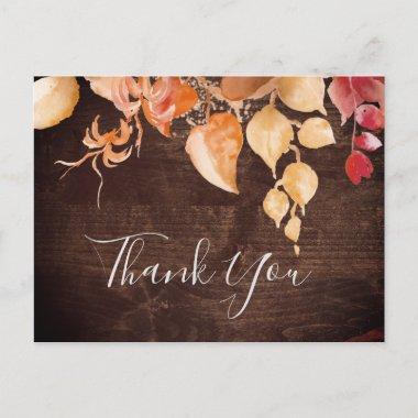 Fall Leaves | Rustic Brown Wood Thank You PostInvitations