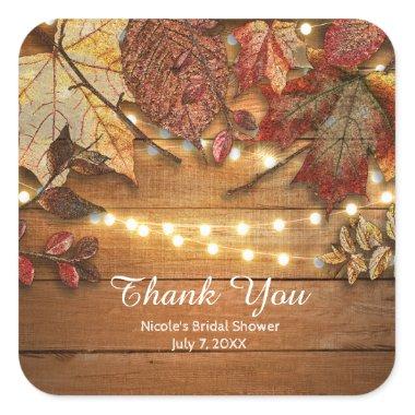 Fall Leaves & String Lights on Rustic Wood Favor Square Sticker