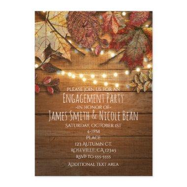 Fall Leaves & String Lights on Rustic Wood Invitations