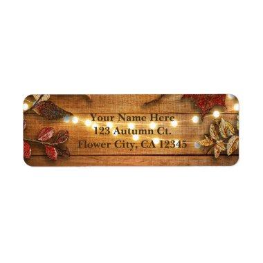 Fall Leaves & String Lights on Rustic Wood Label