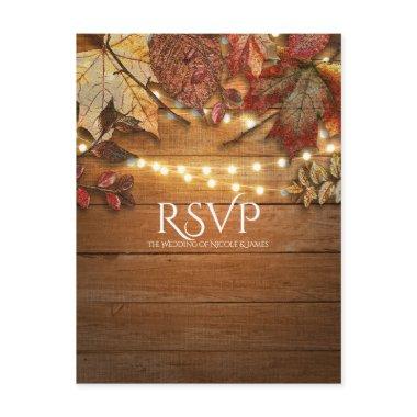 Fall Leaves & String Lights on Rustic Wood RSVP Invitation PostInvitations