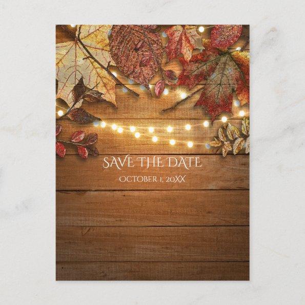 Fall Leaves & String Lights Rustic Save The Date Announcement PostInvitations
