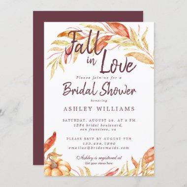 Fall Love Golden Foliage Burgundy Bridal Shower Invitations