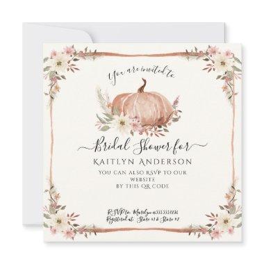 Fall Pink Floral Pumpkin Bridal Shower QR code Invitations