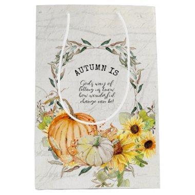 Fall Pumpkin Sunflower Watercolor Floral Decoupage Medium Gift Bag