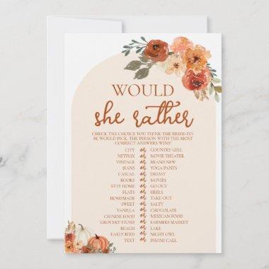 Fall Pumpkin Would She Rather Bridal Shower Game Invitations