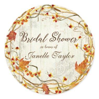 Fall Red Rust Foliage Wreath Rustic Bridal Shower Classic Round Sticker