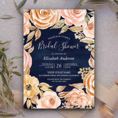 Fall Rustic Earthy Floral Navy Blue Bridal Shower Invitations
