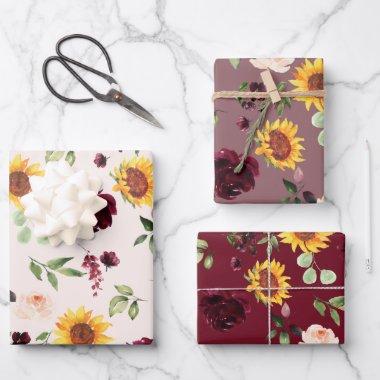 Fall Sunflowers and Burgundy Roses Bridal Shower Wrapping Paper Sheets