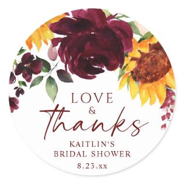 Fall Sunflowers & Burgundy Roses Bridal Shower Classic Round Sticker