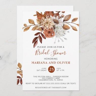 Fall Watercolor Floral White Bridal Shower Invitations