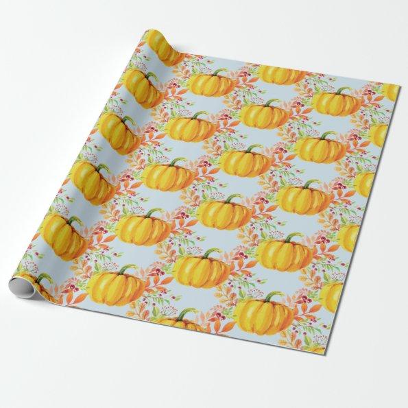 Fall Watercolor Pumpkins Blue Wrapping Paper