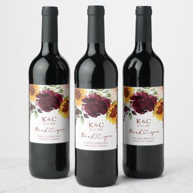 Fall Wedding Sunflower and Roses Burgundy Wine Lab Wine Label