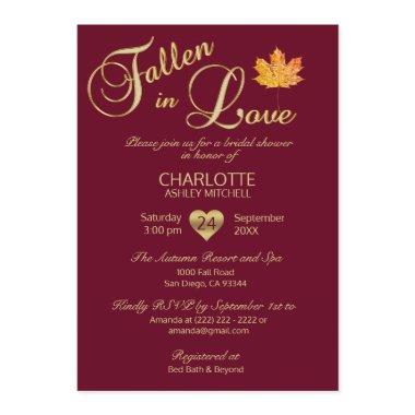 Fallen in Love Autumn Burgundy Red Bridal Shower Invitations