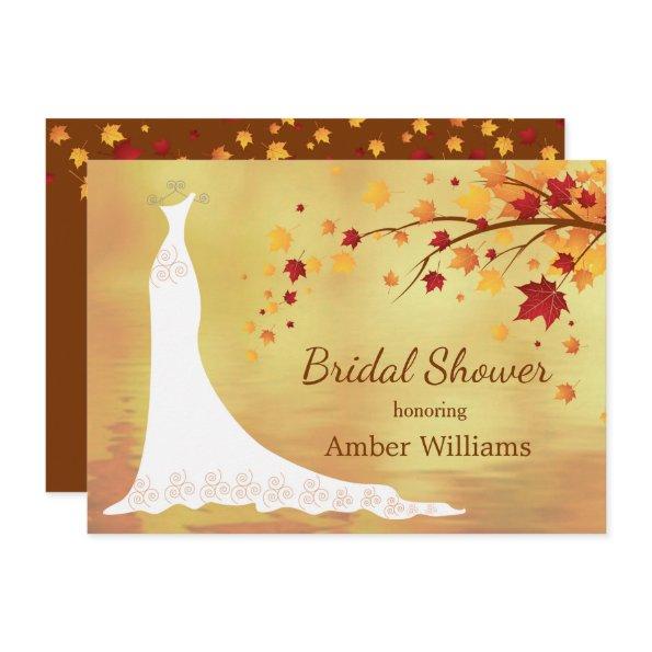 Falling autumn leaves, wedding gown