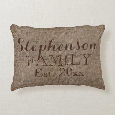 Family Name Burlap Rustic Accent Pillow