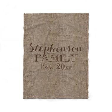 Family Name Burlap Rustic Fleece Blanket