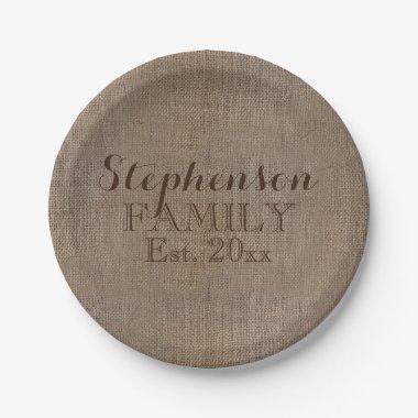 Family Name Burlap Rustic Paper Plates