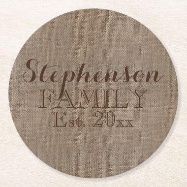 Family Name Burlap Rustic Round Paper Coaster