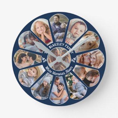 Family Photo Collage 13 Custom Flower Shape Blue Round Clock