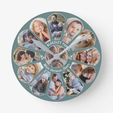 Family Photo Collage 13 Custom Flower Shape Teal Round Clock