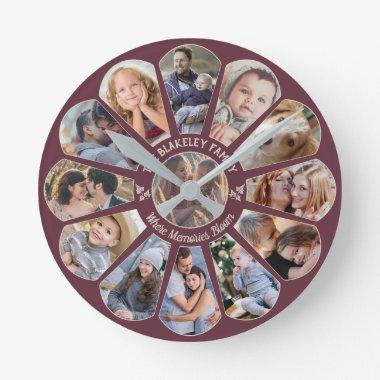 Family Photo Collage Burgundy Custom Flower Shape Round Clock
