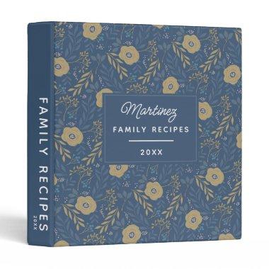 Family Recipes Blue and Gold Floral Pattern 3 Ring Binder