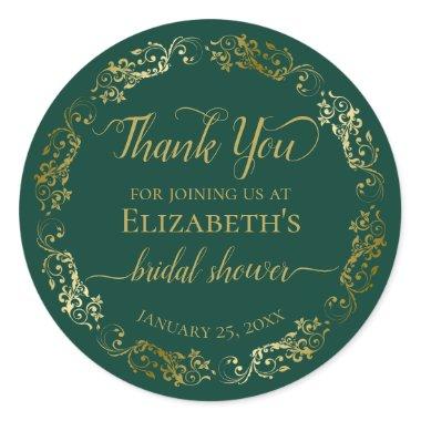 Fancy Emerald Green & Gold Thank You Bridal Shower Classic Round Sticker