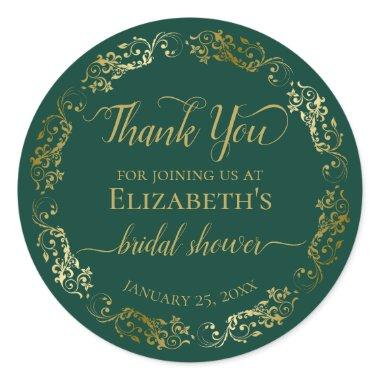 Fancy Emerald Green & Gold Thank You Bridal Shower Classic Round Sticker