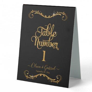 Fancy Script Gold Glitter Black Elegant Wedding T Table Tent Sign