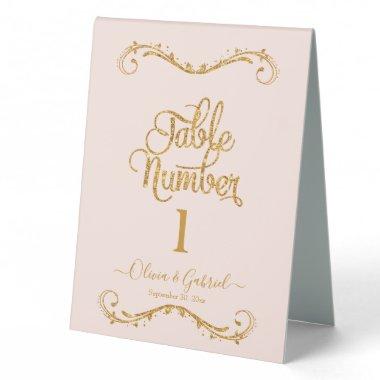 Fancy Script Gold Glitter Blush Pink Wedding Table Table Tent Sign